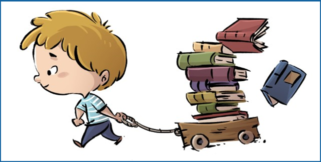 Color drawing of a little boy pulling a wagon overflowing with books.