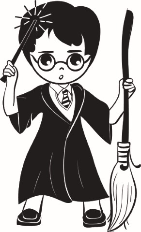 Graphic of Harry Potter holding wand and broom