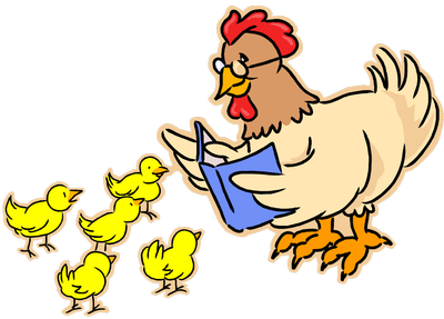 Chicken reading to baby chicks