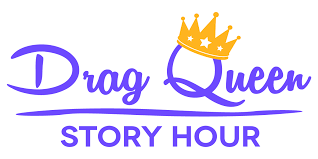 A gold crown with purple letters that say Drag Queen Story Hour