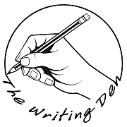 writing den logo - a hand holding a pencil with the words the writing den looping around it in a circle