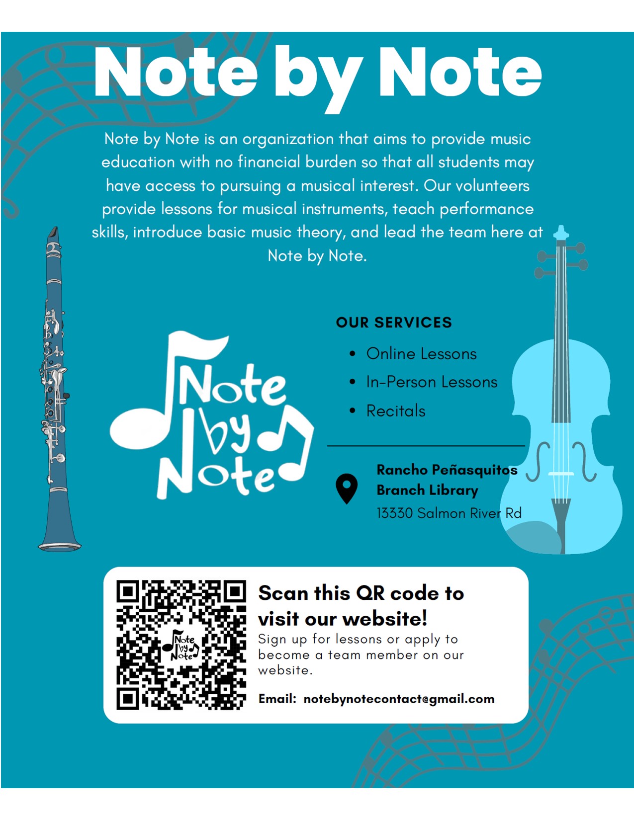 flyer describing the organization called Note by Note