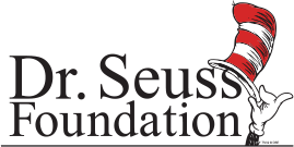 Dr. Suess Founation Logo: Big Grey Letters with a black Cat in the Hat black arm with a white gloving holding up a Red and White Stripped Long Top hat!