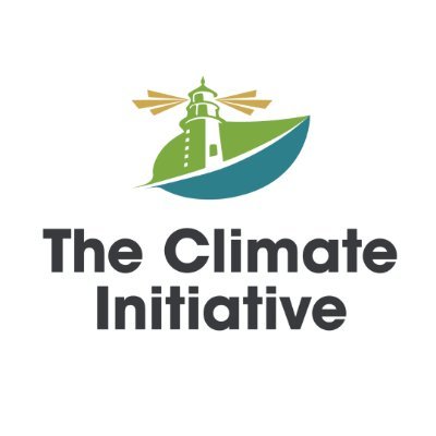 The Climate Initiative's Logo of a blue water, and green light house with yellow light beams
