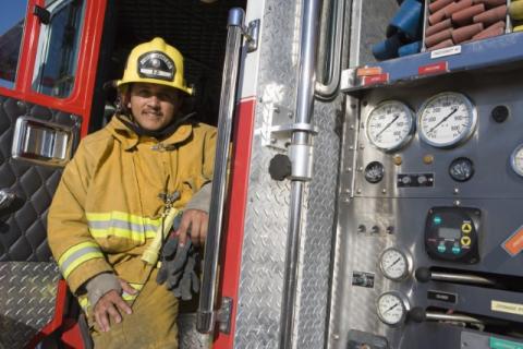 firefighter in fire engine