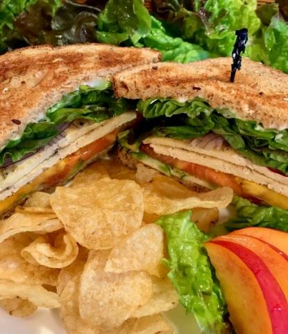 Sandwich cut into halves, with potato chips and apple slices