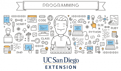 Illustration of a person sitting in front of a computer surrounded by programming symbols