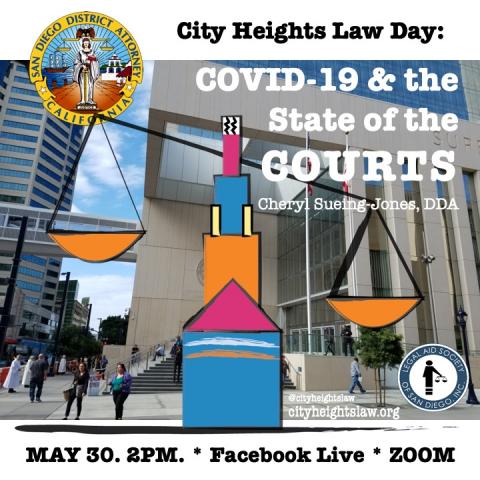 Photograph of San Diego Court House with Law Day logo, City Heights tower combined with Scales of Justice.