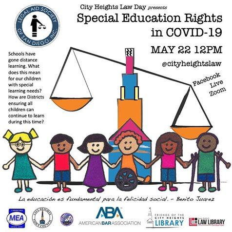 Graphic of children holding hands in front of Law Day logo, City Heights Tower combined with Scales of Justice.