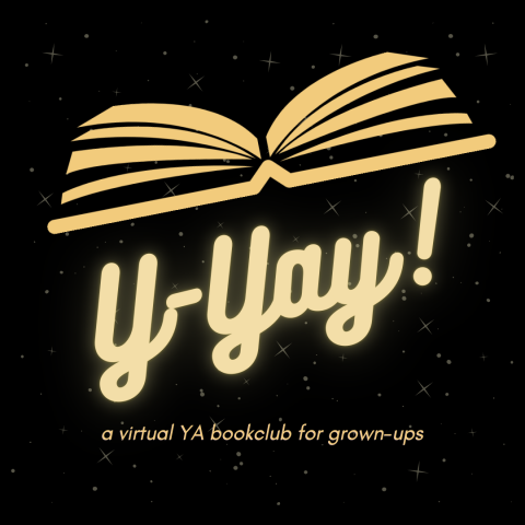 Silhouette of an open book on its side with pages flared out. The words "Y-Yay! A virtual YA bookclub for grown-ups" are underneath.