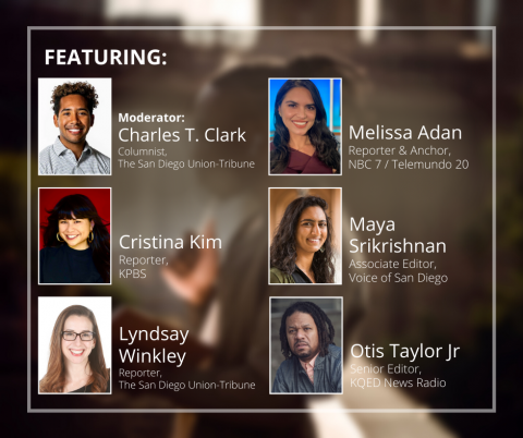 Photos of the moderator, Charles T. Clark and panelists: Cristina Kim, Maya Srikrishnan, Otis Taylor, Jr., Lynsday Winkley