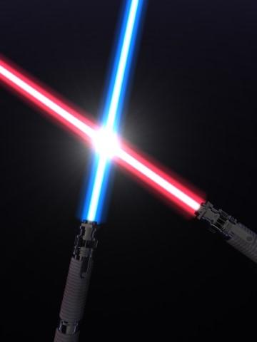 One red lightsaber crossed against one blue lightsaber.