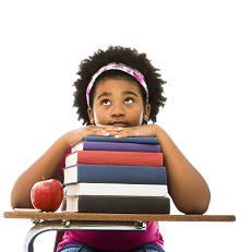 girl sitting at a desk with her head on a pile of books