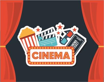 Graphic image of a movie theater stage with red curtains, cinema signage