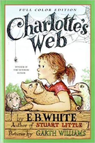 Book cover featuring a girl holding a pig, with a goat, a goose, and a spider around them