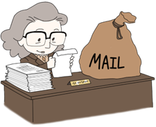 Cartoon of Miss Breed at her desk with a bag of mail