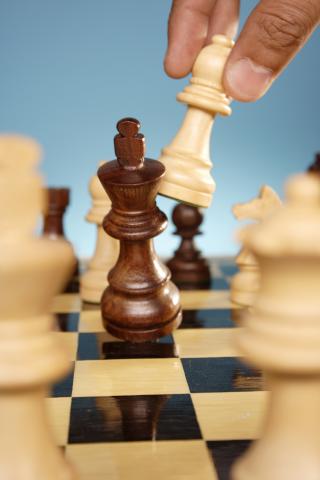 White bishop touching black king on a chessboard