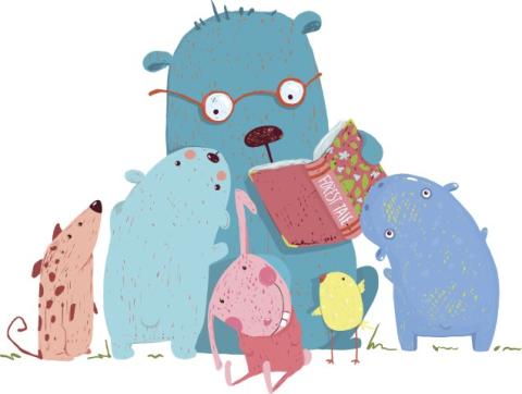 Colorful animal friends such as a blue bear, brown dog,  pink pig reading a brown book.