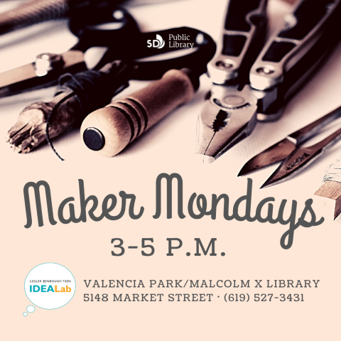 Flyer of Maker Mondays, beige background and dark grey text with black and metal art tools.