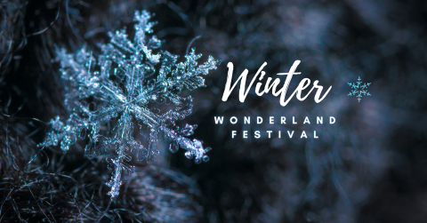 Banner that reads Winter Wonderland Festival, letters are in white script, on a dark blue snowy background with a Bright blowing Blue Snowflake towards the front of the image. 