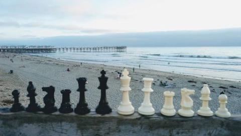 Chess Pieces in front of a beach background