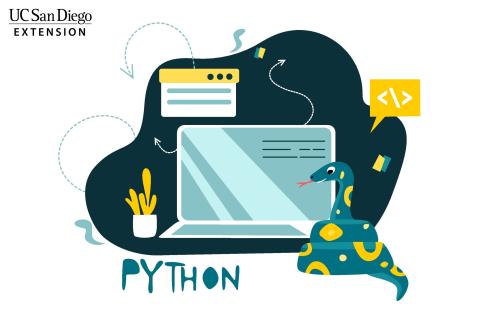 Illustration of a snake in front of a computer.