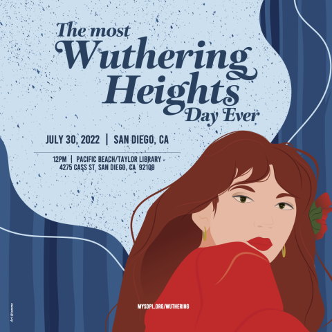 Blue background with a woman in red and the text "The Most Wuthering Heights Day Ever"