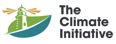 Logo for the Climate Initiative, with a green light house building on a green field next to the a blue ocean.