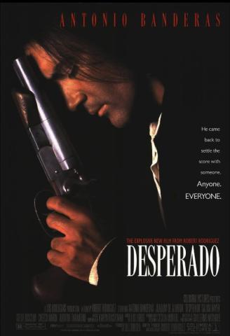 Poster for "Desperado," with a man resting his head on a gun
