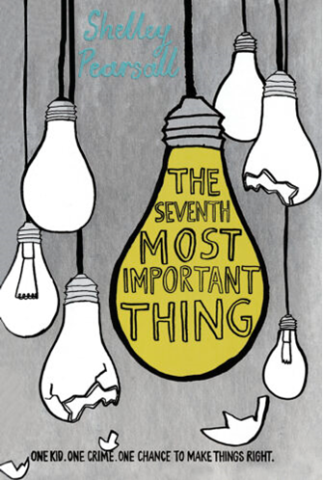 Cover of the book The Seventh Most Important Thing.  Seven hanging lightbulbs, two of which are borken.