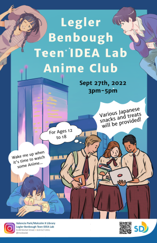 An image with a blue evening skyline background. Various cartoon characters pop into the frame. A group of teens are watching anime, with talk bubbles about Japanese snacks at the anime club, as well as the age range for the club (12-18).  A sleeping cartoon character says they want to be woken up when it's time for anime club.