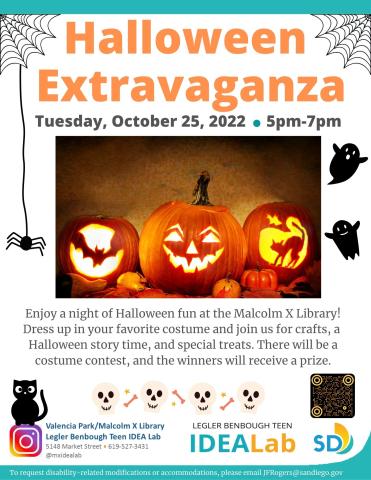 Flyer of Halloween event white flyer with teal background, orange jack-o-laterns with creepy smiles have a glowing candle in them. 