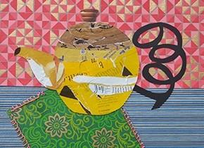 Image of a paper and textile collage in the shape of a yellow teapot.