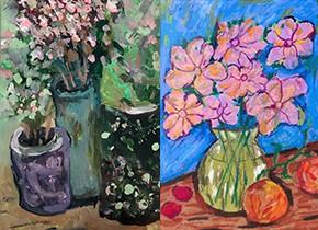 Two paintings of flowers in vases side by side.
