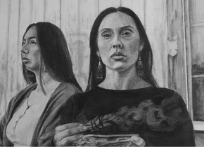 Charcoal drawing of two Native women by artist Summer Paa'ila-Herrera Jones.