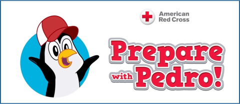 Cartoon penguin with a red ball cap; text reads American Red Cross and Prepare with Pedro!