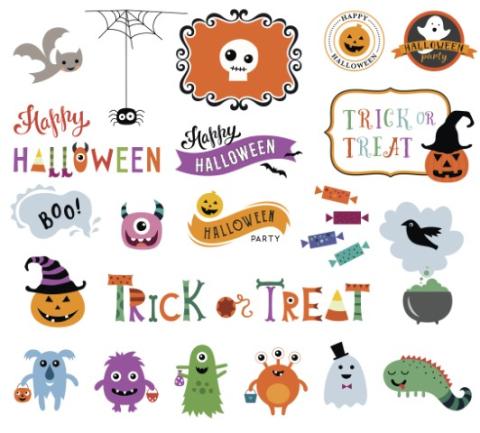 illustration of many small Halloween images on a white background, including the text Happy Halloween and Trick or Treat
