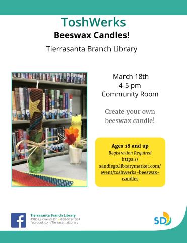 Flyer with the image of a library with beeswax candles on a table