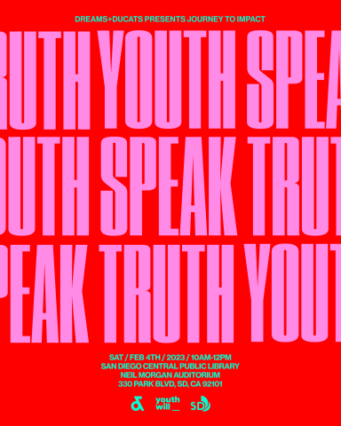 red background with pink text that says youth speak truth