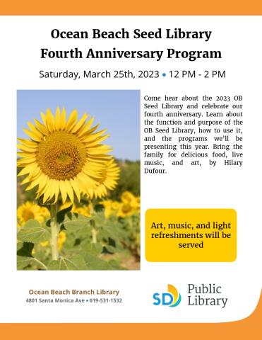 Picture of a field of bright yellow sunflowers with text about the seed library event.