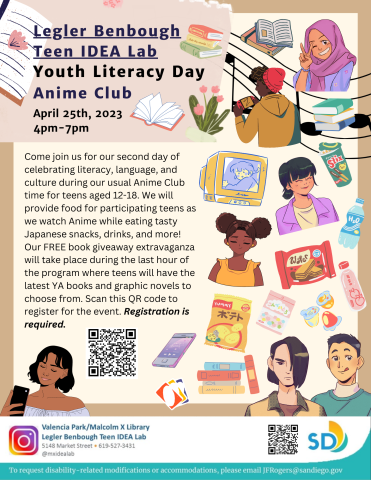 DIA Youth Literacy Anime Club flyer with registration QR code link