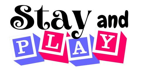 Stay and play logo with purple and pink block letters