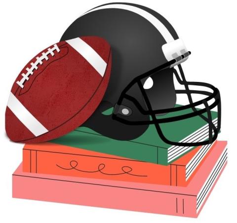 Black football helmet on stack of red and green books