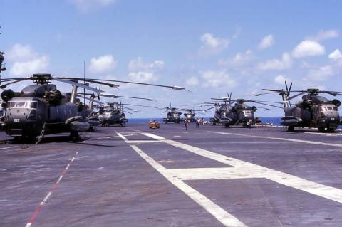 Helicopters on the deck of the USS Midway aircraft carrier