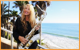 A photo of musician Adrienne Nims holding a saxophone, with a beach scene in the background.