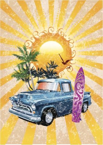 Illustration of an old-fashioned blue pickup truck with a magenta-colored surfboard leaning against it in front of some palm trees and a yellow sun-ray background