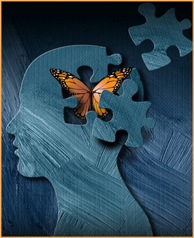 Dark blue background, Profile of a human head with a butterfly emerging from puzzle pieces shaped part of the head removed