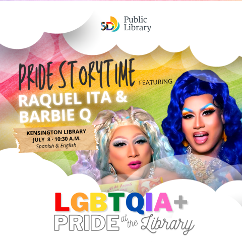 Flyer of two drag performers, one in a blue wig and one in a white wig around a rainbow and clouds background