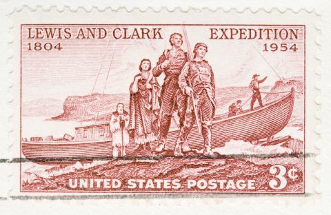 Historic postage stamp depicting Lewis and Clark Expedition