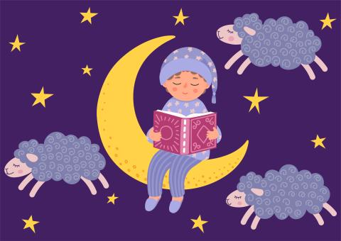 Cartoon image of a child in pajamas holding a book on their lap while sitting on a crescent moon, sheep and stars surrounding, 
